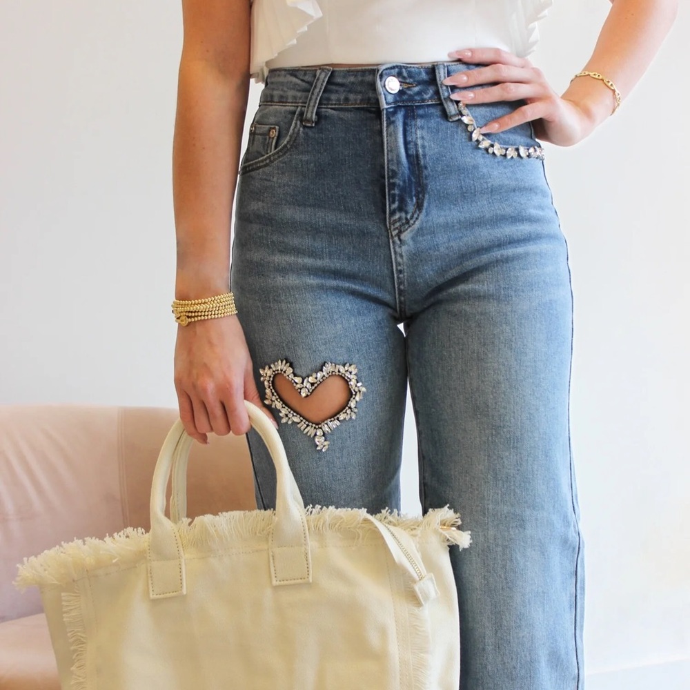 High-Rise Women's Jeans with Heart Cutout and Embellishment - Light Blue
